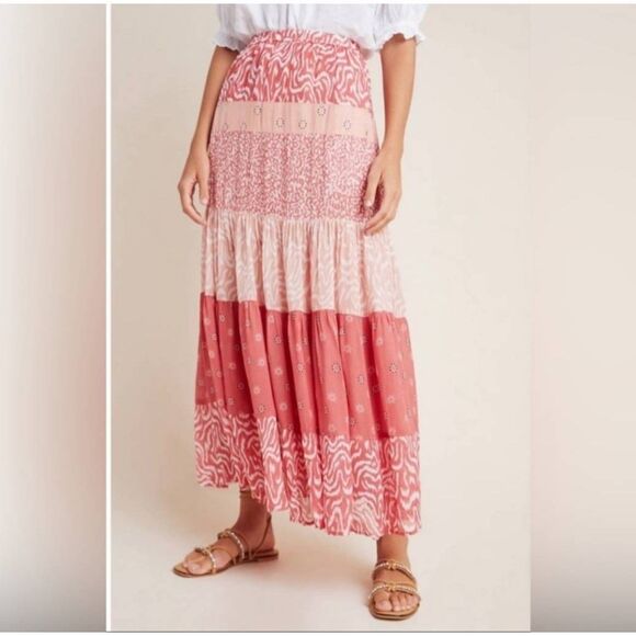 NWT Anthropologie DOLAN Freja Tiered Maxi Skirt Sz S Red Pull On Elastic Waist‎ - Picture 1 of 11